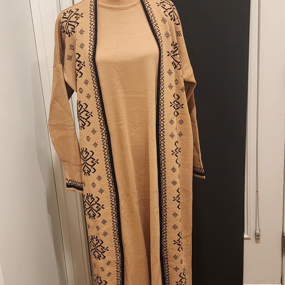 Elegant Tan Maxi Dress with Black Accents